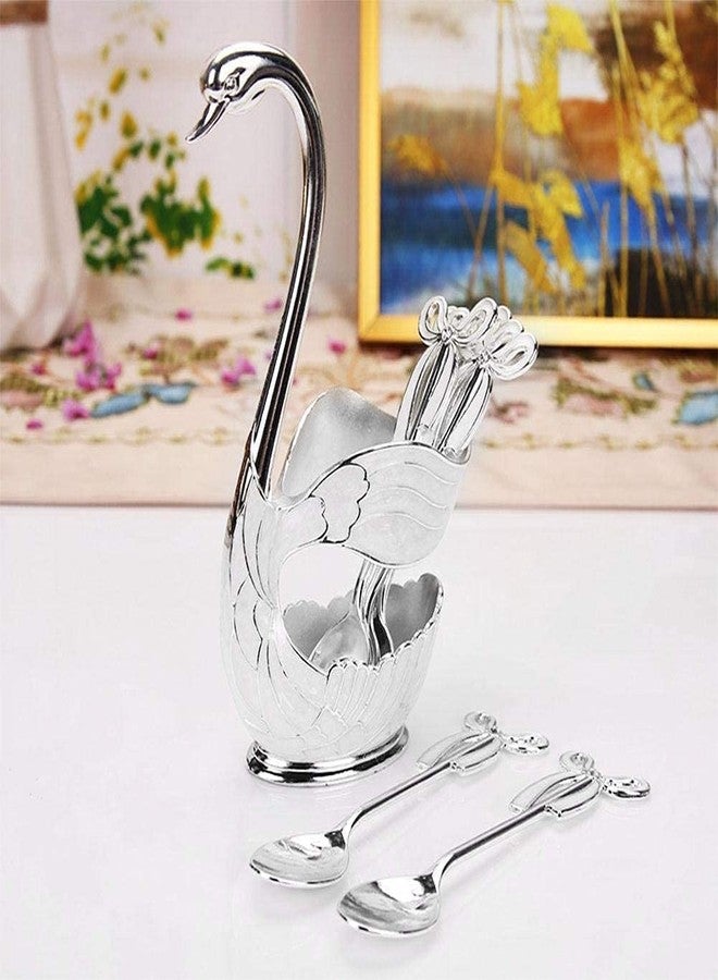 Garosa Metal Coffee Dessert Spoon Set with Holder, Swan for Spoons Fruit Flatware Base Holder Organizer 6pcs Sugar Ice Cream (Silver) - Image 3