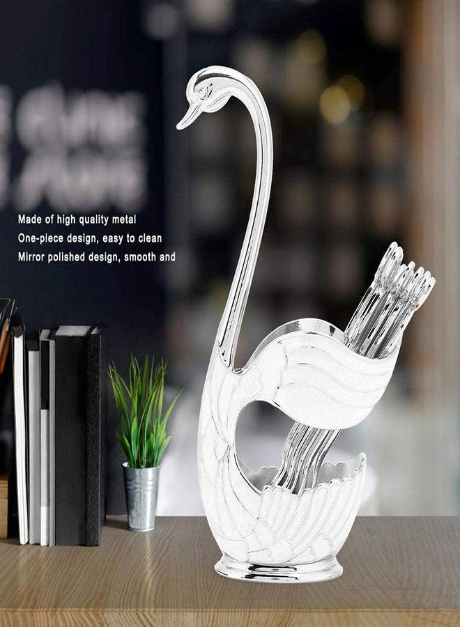 Garosa Metal Coffee Dessert Spoon Set with Holder, Swan for Spoons Fruit Flatware Base Holder Organizer 6pcs Sugar Ice Cream (Silver) - Image 4