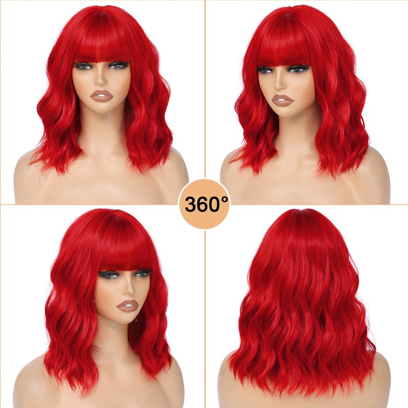 AGO Red Wigs Short Wavy Hair with Bangs Curly Bob Wig Shoulder Length 14Inch Synthetic Hair for Women Girl Colorful Wig Heat Resistant Fiber Hair for Daily Party Halloween Cosplay Use(116A#DarkRed) - Image 4