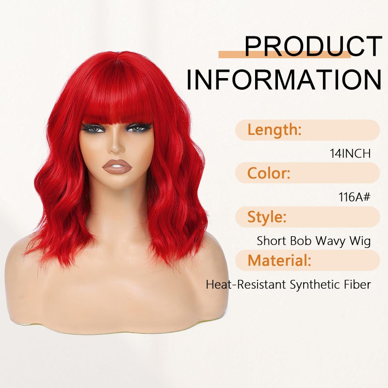AGO Red Wigs Short Wavy Hair with Bangs Curly Bob Wig Shoulder Length 14Inch Synthetic Hair for Women Girl Colorful Wig Heat Resistant Fiber Hair for Daily Party Halloween Cosplay Use(116A#DarkRed) - Image 2