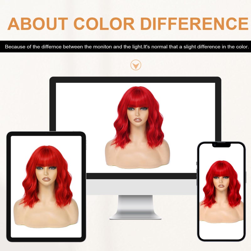 AGO Red Wigs Short Wavy Hair with Bangs Curly Bob Wig Shoulder Length 14Inch Synthetic Hair for Women Girl Colorful Wig Heat Resistant Fiber Hair for Daily Party Halloween Cosplay Use(116A#DarkRed) - Image 5