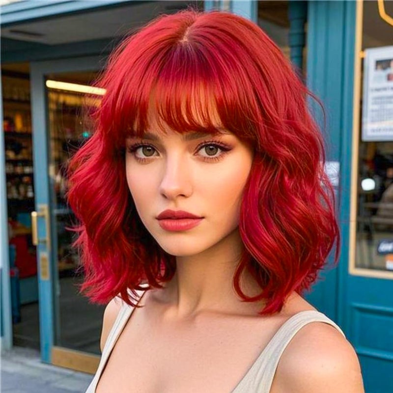 AGO Red Wigs Short Wavy Hair with Bangs Curly Bob Wig Shoulder Length 14Inch Synthetic Hair for Women Girl Colorful Wig Heat Resistant Fiber Hair for Daily Party Halloween Cosplay Use(116A#DarkRed) - Image 1