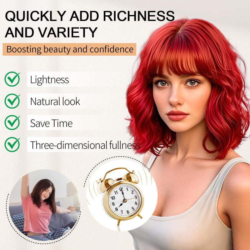 AGO Red Wigs Short Wavy Hair with Bangs Curly Bob Wig Shoulder Length 14Inch Synthetic Hair for Women Girl Colorful Wig Heat Resistant Fiber Hair for Daily Party Halloween Cosplay Use(116A#DarkRed) - Image 3