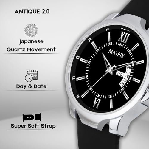 Matrix Antique 2.0 Day & Date Softest Silicone Strap Analog Watch for Men & Boys (Black) - Image 4