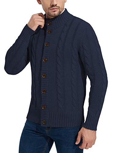 NITAGUT Mens Long Sleeve Stand Collar Cardigan Sweaters Button Down Cable Knitted Sweater,Navy Blue,Medium - Image 4