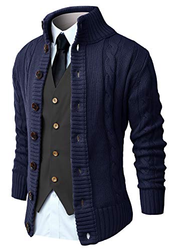 NITAGUT Mens Long Sleeve Stand Collar Cardigan Sweaters Button Down Cable Knitted Sweater,Navy Blue,Medium - Image 1