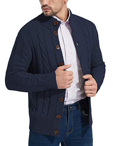 NITAGUT Mens Long Sleeve Stand Collar Cardigan Sweaters Button Down Cable Knitted Sweater,Navy Blue,Medium - Image 3