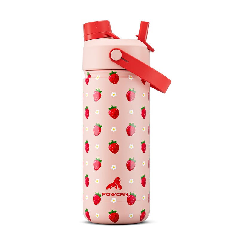18 oz Kids Metal Water Bottle 2in1 Straw Spout Lid SpillProof Easy Clean Keep Cold 24H Backpack Friendly BPAFree Stainless Steel Cup for School Daycare Playtime Gift Strawberry Daisy