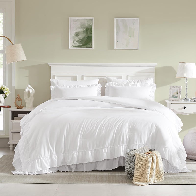 Cupocupa White Queen Comforter Set, 3Pcs Ruffle Comforters Queen/Full Size Farmhouse Bedding Sets with Comforter, Lightweight Fluffy Soft Shabby Chic Bedding Comforter Sets - Image 2