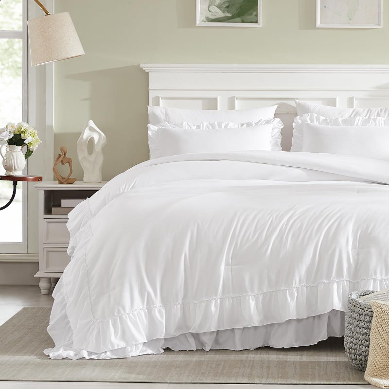 Cupocupa White Queen Comforter Set, 3Pcs Ruffle Comforters Queen/Full Size Farmhouse Bedding Sets with Comforter, Lightweight Fluffy Soft Shabby Chic Bedding Comforter Sets - Image 3