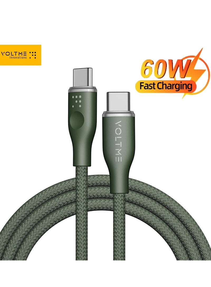 VOLTME 60W USB C to USB C Fast Charging Cable 1.0m - Dual Nylon Braided Cord, Type C PD Charger, Fast Charging, USB-C PD Cable, Durable Braided Cord, Compatible with iPhone Air, iPhone 17 / 17 Pro / 17 Pro Max, iPhone 16 / 16 Pro / 16 Pro Max, iPhone 15, iPad Pro / Air, MacBook Pro / Air, Dell XPS, Lenovo ThinkPad X1, Asus ROG, HP Spectre, Samsung Galaxy 25 / 24 / 23 Ultra, Huawei P60, Xiaomi 14 / 13, Google Pixel 9 / 8, Tablets and More - Green - Image 1