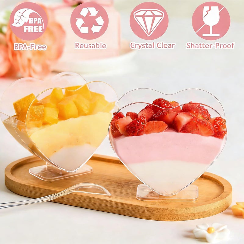 Qeirudu 100 Pack 2.7 oz Heart Shaped Mini Dessert Cups with Spoons, Valentine's Day Small Clear Parfait Cups, Plastic Party Serving Cups for Mousses, Puddings, Fruits - Image 3