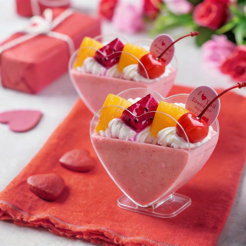 Qeirudu 100 Pack 2.7 oz Heart Shaped Mini Dessert Cups with Spoons, Valentine's Day Small Clear Parfait Cups, Plastic Party Serving Cups for Mousses, Puddings, Fruits - Image 5