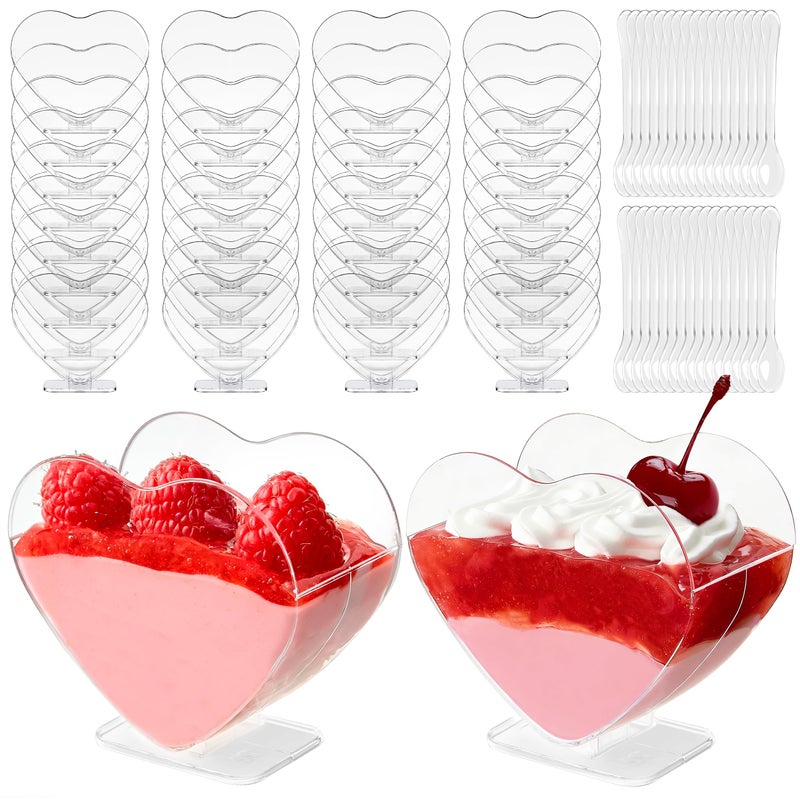 Qeirudu 100 Pack 2.7 oz Heart Shaped Mini Dessert Cups with Spoons, Valentine's Day Small Clear Parfait Cups, Plastic Party Serving Cups for Mousses, Puddings, Fruits - Image 1