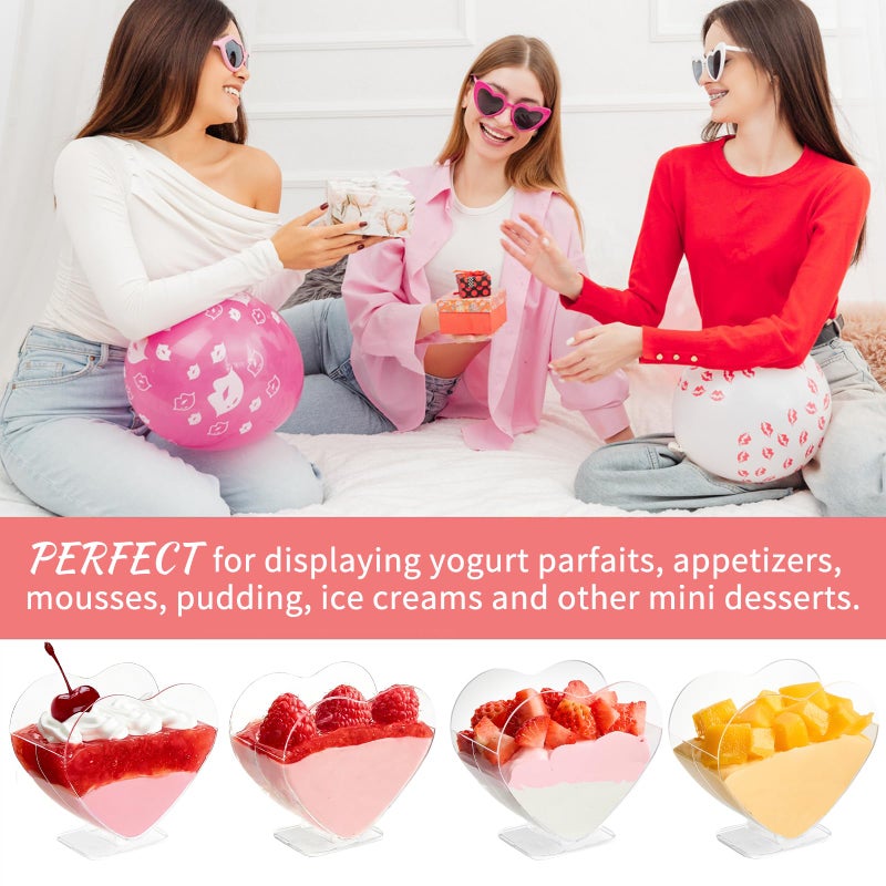 Qeirudu 100 Pack 2.7 oz Heart Shaped Mini Dessert Cups with Spoons, Valentine's Day Small Clear Parfait Cups, Plastic Party Serving Cups for Mousses, Puddings, Fruits - Image 4