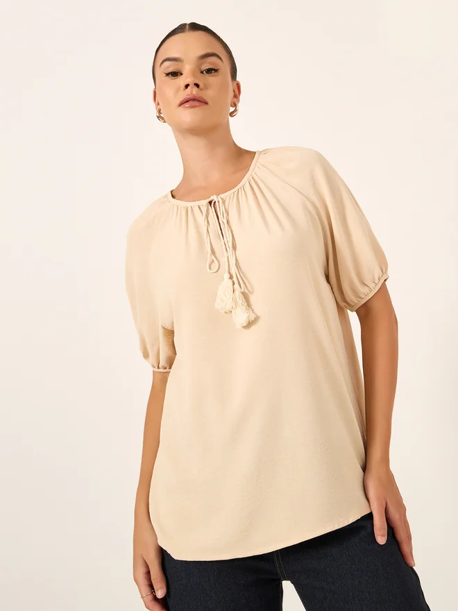 Styli Styli Puff Sleeve Tie-Up Neck Blouse