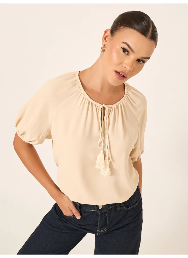 ستايلي Styli Puff Sleeve Tie-Up Neck Blouse