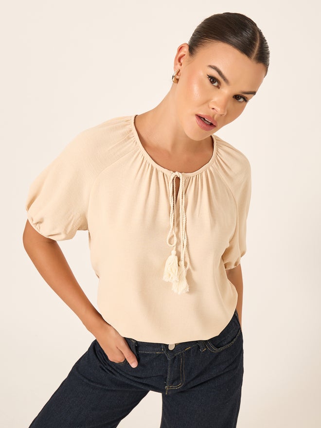 Styli Puff Sleeve Tie-Up Neck Blouse - Image 1
