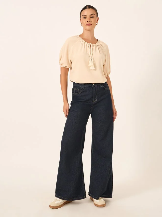 Styli Puff Sleeve Tie-Up Neck Blouse