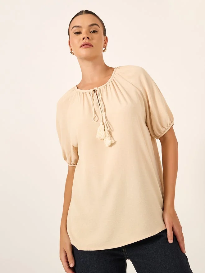 Styli Puff Sleeve Tie-Up Neck Blouse