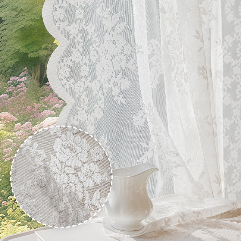 Anmao Vintage Lace Curtains 45 Inches Long 2 Panels  Romantic Semi Sheer Floral Lacy Curtains for Living Room  Elegant Window Drapes for Bedroom with Bow Curtain Ties  55 Inch Wide  White Rose - Image 2