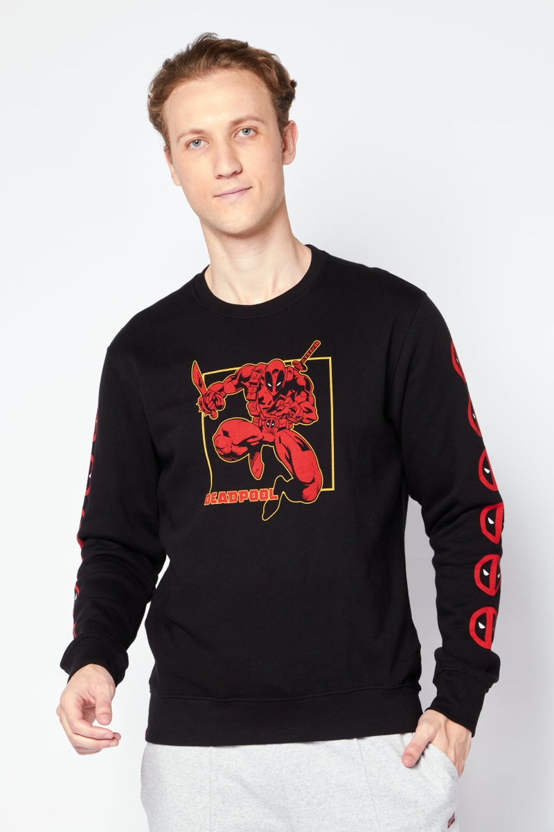 DIFUZED سويت شيرت رجالي بأكمام طويلة وطباعة جرافيك على شكل طاقم، أسود - Image 1