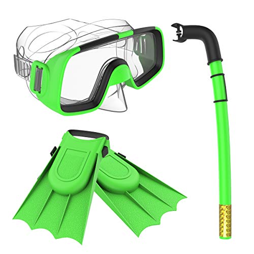 Herbalcandybox Children Kids Swimming Diving Snorkel Breathing Tube Fins Scuba Eyeglasses Set,Green - Image 1