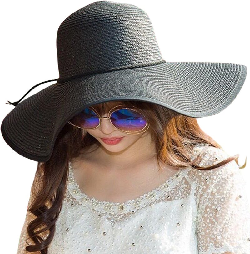 Lanzom Womens Wide Brim Straw Hat Big Floppy Foldable Roll up Cap Beach Sun Hat UPF 50+ - Image 3