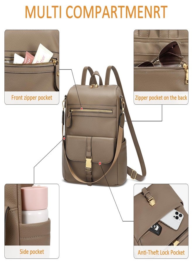 KKXIU Backpack Purse for Women - Multi-pocket Leather backpack for Travel, Work & School with Anti-Theft Lock Pocket, Luggage Strap & Water Bottle Pockets - 13x14x5.2 Inch, 1.67lb (Khaki) - Image 4