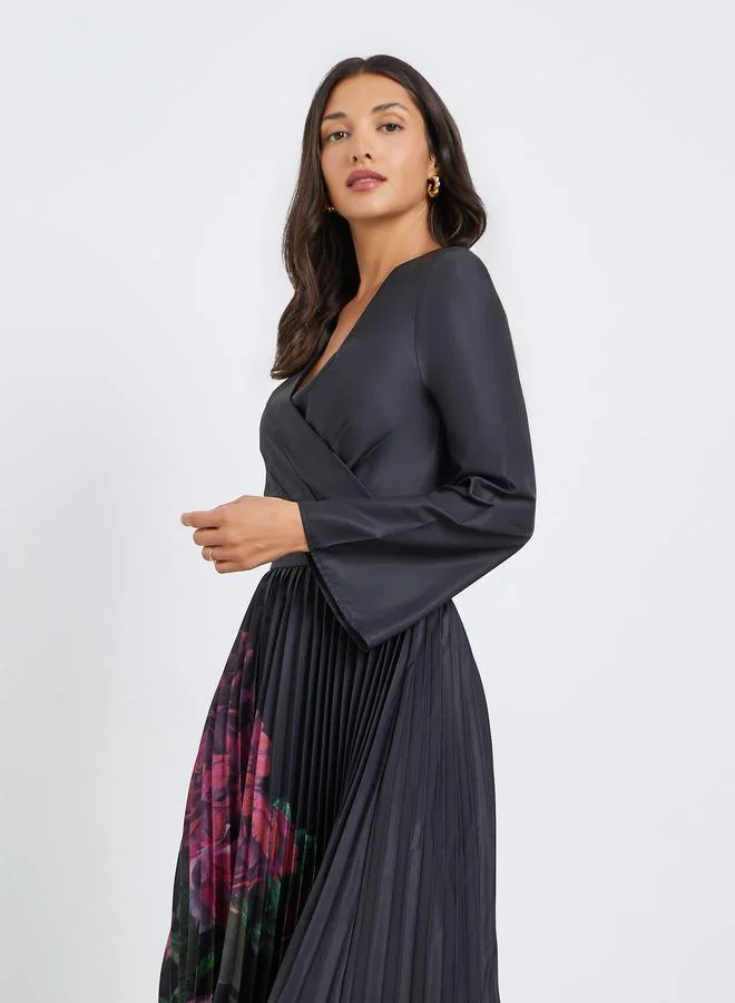 Styli Women Black Floral Print Long Sleeve Midi Dress