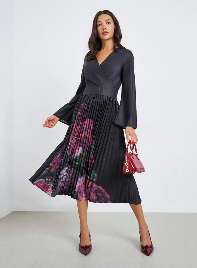 Women Black Floral Print Long Sleeve Midi Dress