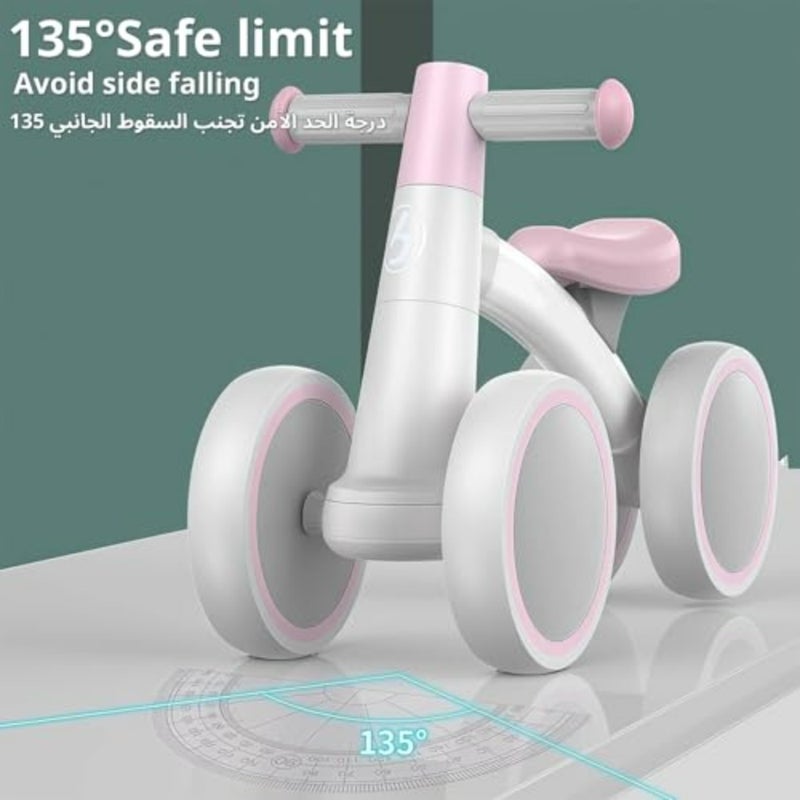 دراجة توازن للأطفال الصغار للعب في الأماكن المغلقة، إطار بلاستيكي خفيف الوزن، لمسة نهائية وردية ناعمة، تصميم رباعي العجلات فائق الثبات لمن يمشي لأول مرة. - Image 5