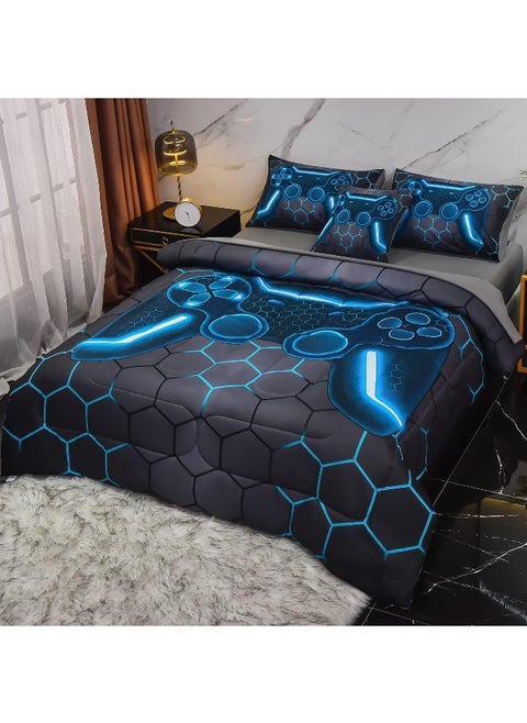 Keyroale Full Gamer Comforter Set, 6 Piece Bed in A Bag 3D Video Game Bedding - All Season Down Alternative Gamer Bedding Sets - (Blue Game Controller)