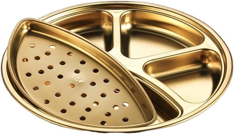 Kruvad Gold Stainless Steel Hammered 4 Compartment Round Divided Dinner Plate Portion Control Thali Plate Rust-Proof Reusable Serving Dish for Lunch Dinner Snacks Kids Camping BBQ - Image 1