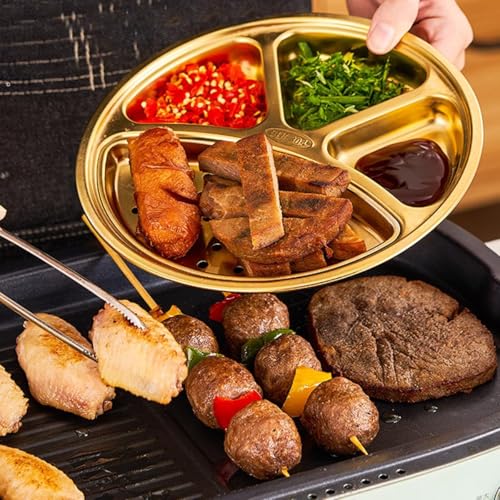 Kruvad Gold Stainless Steel Hammered 4 Compartment Round Divided Dinner Plate Portion Control Thali Plate Rust-Proof Reusable Serving Dish for Lunch Dinner Snacks Kids Camping BBQ - Image 3