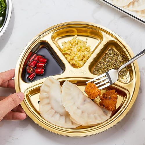 Kruvad Gold Stainless Steel Hammered 4 Compartment Round Divided Dinner Plate Portion Control Thali Plate Rust-Proof Reusable Serving Dish for Lunch Dinner Snacks Kids Camping BBQ - Image 4