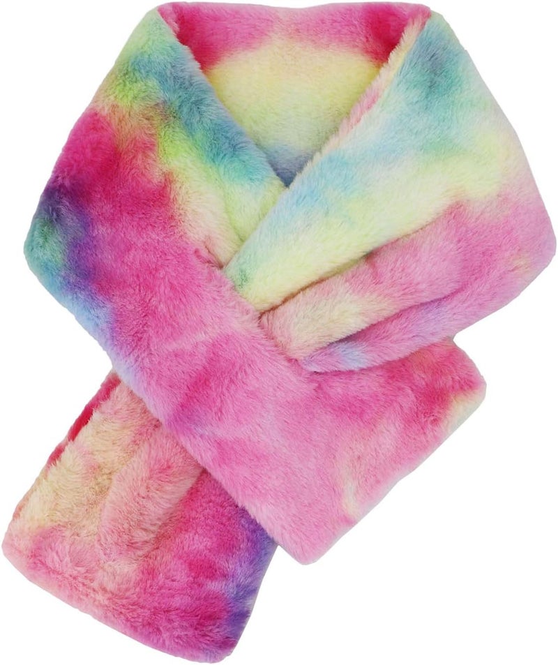 Newfancy Kids Winter Rainbow Scarf Gradient Cross Tie Collar Fluffy Fur Plush Shawl Wrap Neck Warmer for Toddler Girls Boys - Image 1