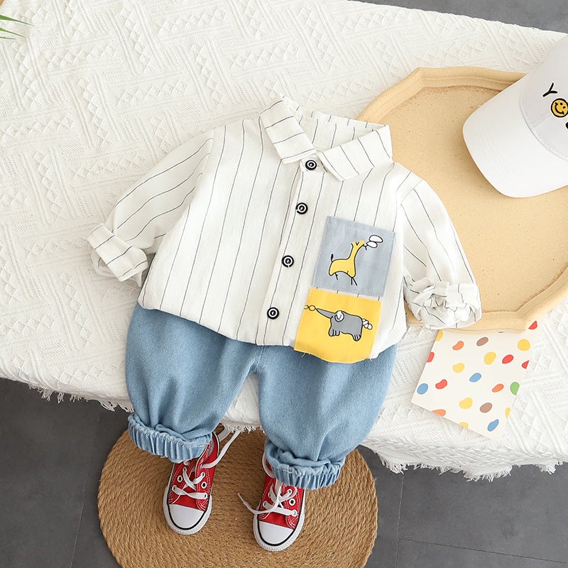 Boys Spring and Autumn Long Sleeve Shirt Childrens 2023 Boys Childrens Korean Early Autumn Childrens Wear New Autumn Two-Piece Set Long-sleeved Elephant Deer Shirt Two-piece White
