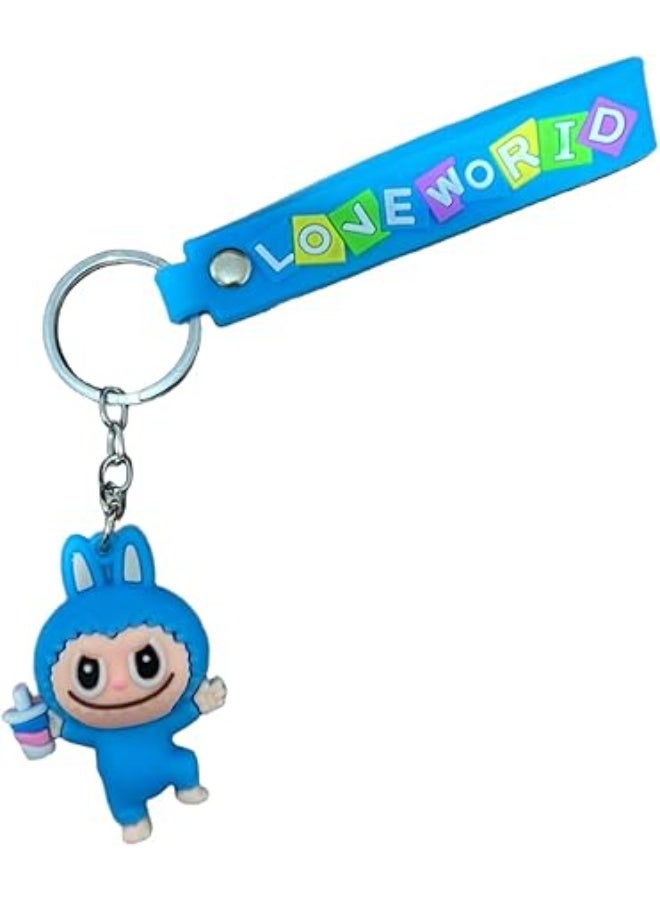 Cartoon character keychain with the phrase "Love World", colorful, for home and car