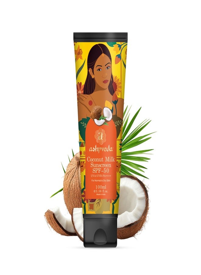 Ashpveda واقي شمس حليب جوز الهند من أشبفيدا SPF 50PA++++ | حماية واسعة النطاق من UVA/UVB والضوء الأزرق | مرطب، خفيف الوزن، سريع الامتصاص، بدون أثر أبيض، غير دهني للبشرة الجافة والحساسة (100 مل) - Image 1