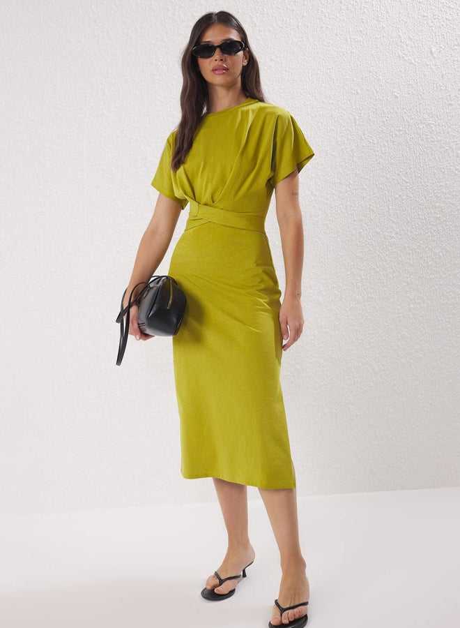 trendyol Oil Green 100% Cotton Waist Fitting Slit and Binding Detail Midi Knitted Pencil Dress - Image 2