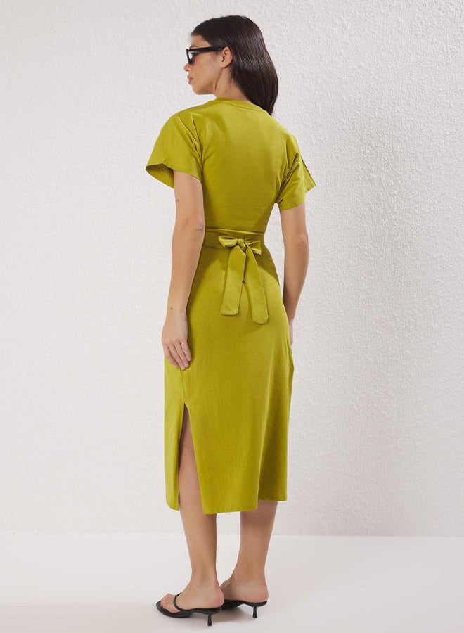 trendyol Oil Green 100% Cotton Waist Fitting Slit and Binding Detail Midi Knitted Pencil Dress - Image 4