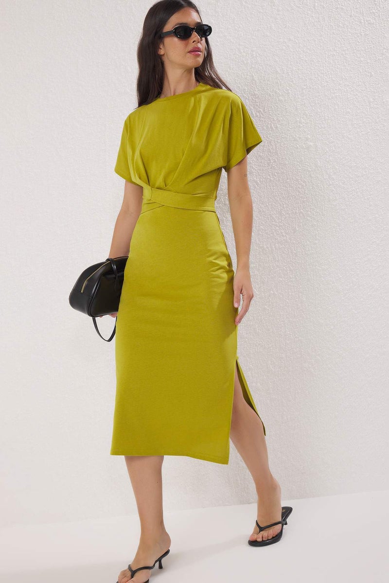 trendyol Oil Green 100% Cotton Waist Fitting Slit and Binding Detail Midi Knitted Pencil Dress - Image 1