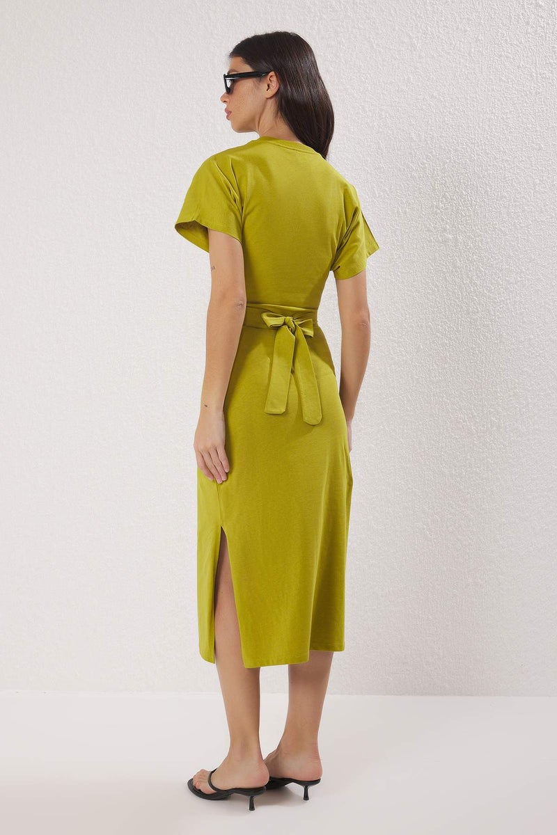 trendyol Oil Green 100% Cotton Waist Fitting Slit and Binding Detail Midi Knitted Pencil Dress - Image 4