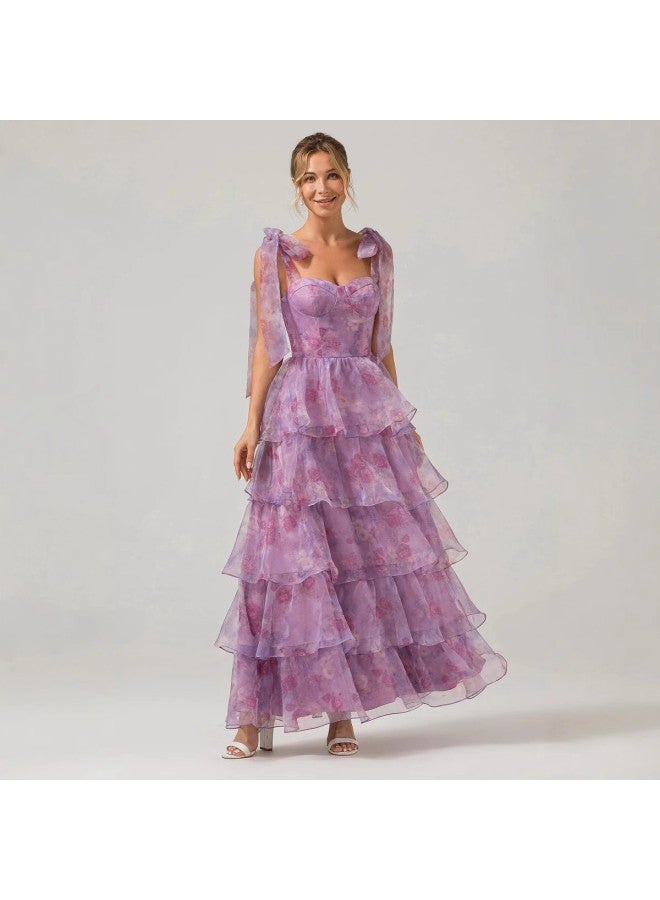 Light Purple Spring Summer Sleeveless Floral Suspender Off-shoulder Lace-up Large Hem Organza Dress