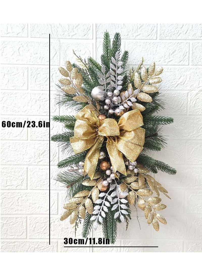 VUCATIN زينة عيد الميلاد الصناعية على الدرج، أكاليل زهور عيد الميلاد مقاس 24 بوصة مع إضاءة LED، قلادة باب عيد الميلاد، إكليل عيد الميلاد المضاء مسبقًا لدرابزين الدرج، الحائط، النافذة، ديكور عيد الميلاد (ذهبي) - Image 2