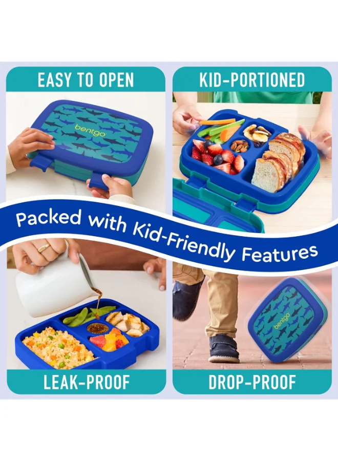 Bentgo Kids Prints Leak Proof, 5 - Compartment Bento - Style Kids Lunch Boxideal Portion Sizes For Ages 3 To 7 Bpa - Free, Dishwasher Safe , Food - Safe Materials - Sharks
