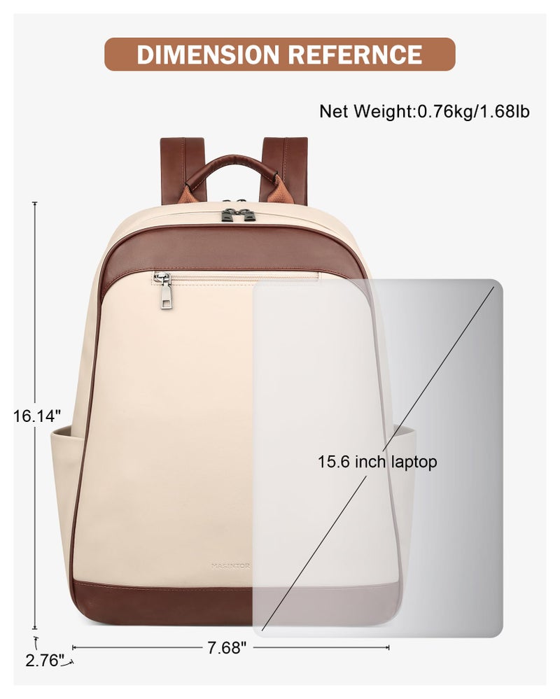 MASINTOR 15.6 inch Leather Laptop Backpack Purse for Women, Designer Travel and Work Bag with Laptop Compartment Beige Brown - Image 5