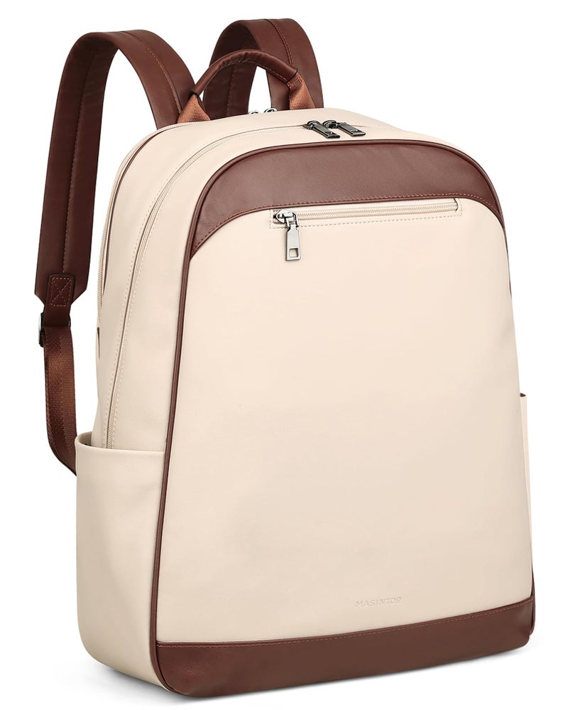 MASINTOR 15.6 inch Leather Laptop Backpack Purse for Women, Designer Travel and Work Bag with Laptop Compartment Beige Brown - Image 1