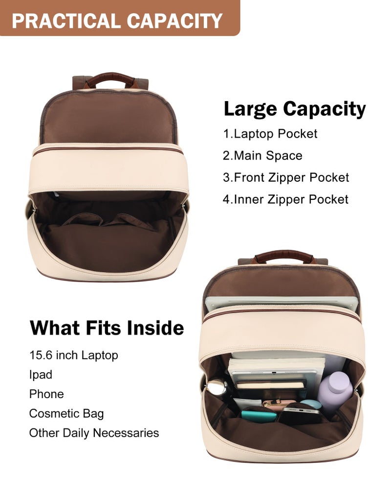 MASINTOR 15.6 inch Leather Laptop Backpack Purse for Women, Designer Travel and Work Bag with Laptop Compartment Beige Brown - Image 3